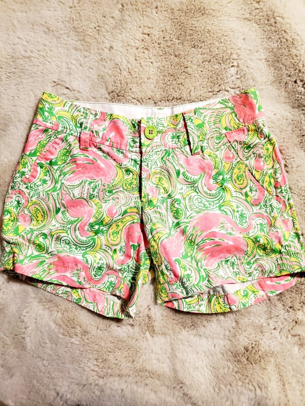 Lilly Pulitzer Callahan Shorts Flamingo Print Pink Green Cotton Size 00 Preppy C - Picture 11 of 11